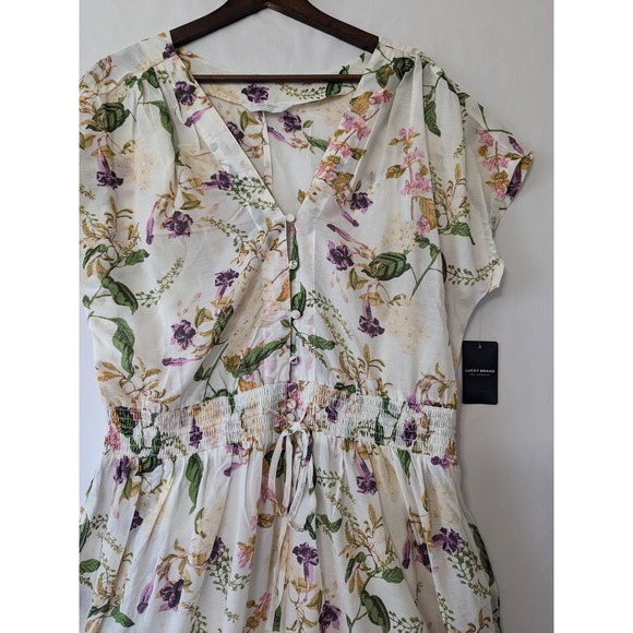 Lucky Brand Womens Antique Floral Peasant Midi Dress Size Large Smocked Flutter - Picture 3 of 11